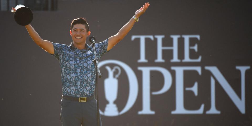 Collin Morikawa celebrates with the Claret Jug.