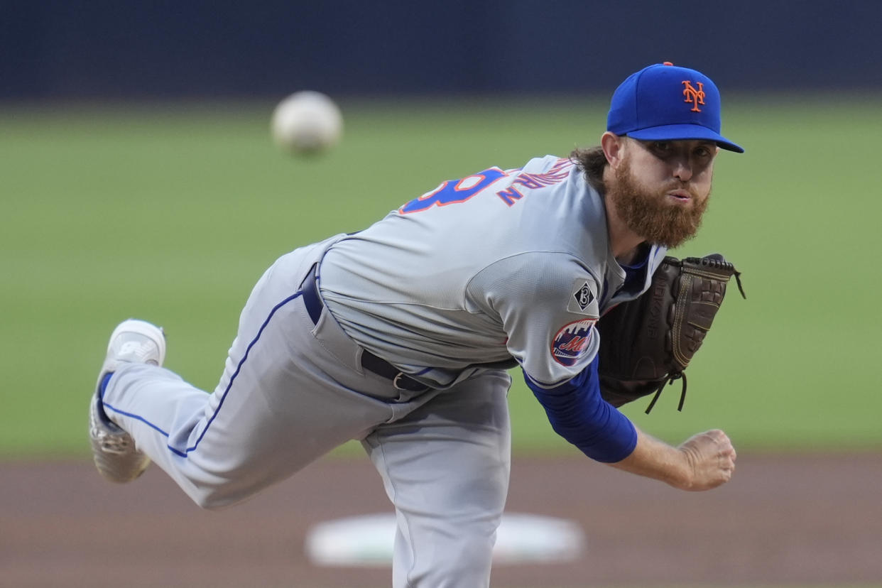 New York Mets starting pitcher Paul Blackburn works against a San Diego Padres batter during the first inning of a baseball game Friday, Aug. 23, 2024, in San Diego. (AP Photo/Gregory Bull)