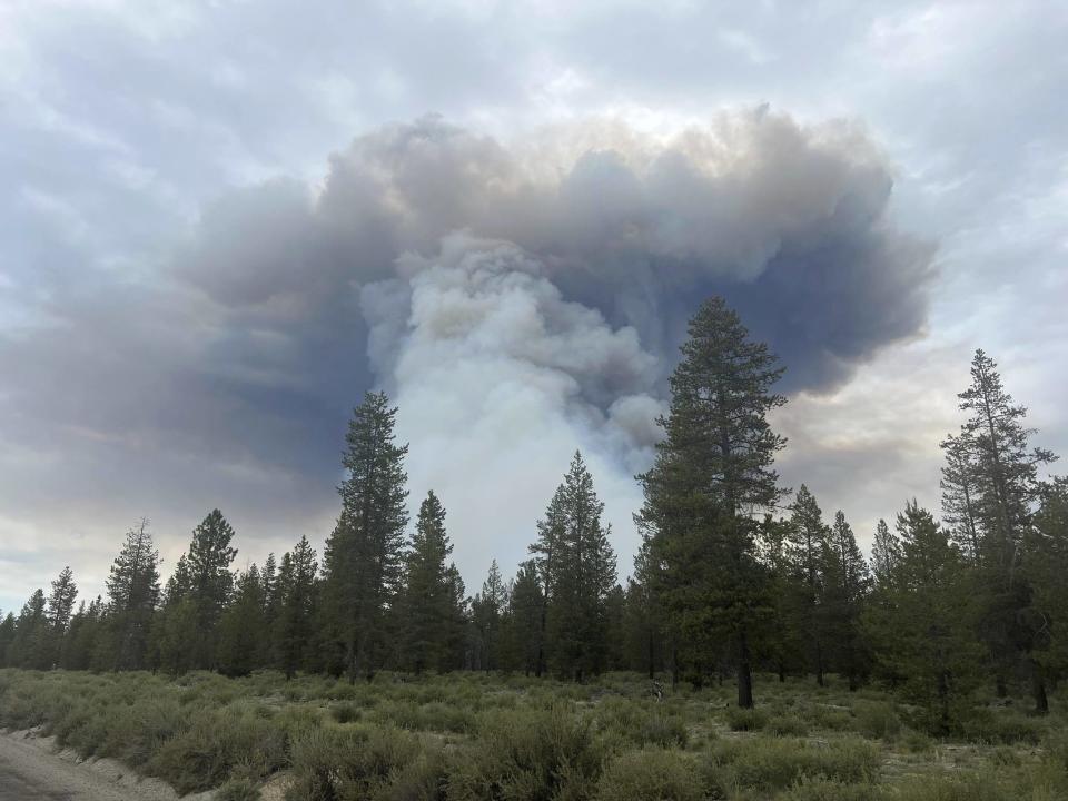 In this image provided by the Deschutes County Sheriff's Office Oregon, smoke rises from a wildfire on Tuesday, June 25, 2024, in La Pine, Ore. The wildfire near the popular vacation destination of Bend, is growing rapidly. Officials on Wednesday urged the continued evacuations of hundreds of homes in the area best known for its microbreweries, hiking, river rafting and skiing on nearby Mount Bachelor. (Capt. William Bailey/Deschutes County Sheriff's Office Oregon via AP)