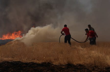 Iraqi farmers attempt to put out a fire that engulfed a wheat field in the northern town of Bashiqa, east of Mosul