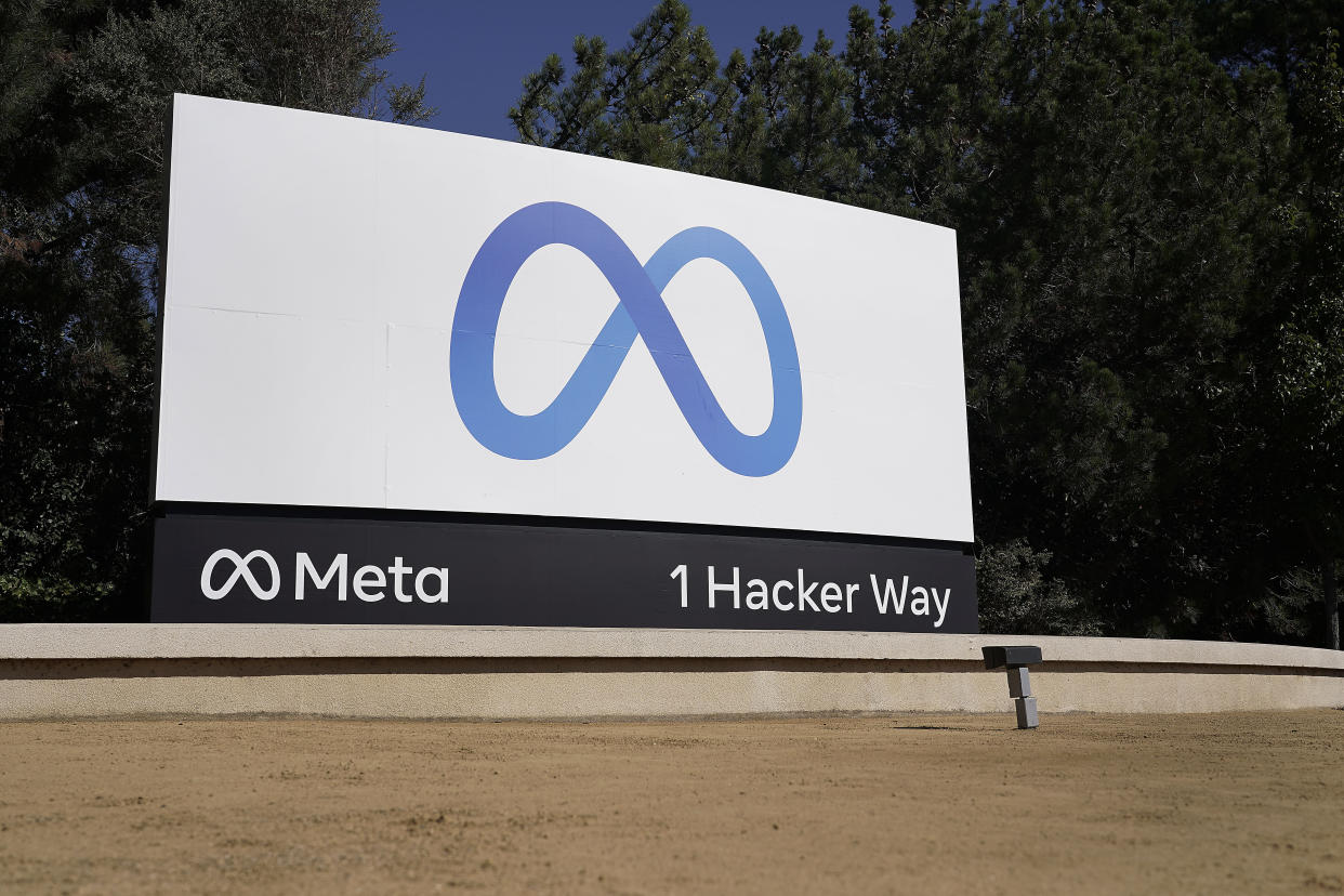 FILE - Facebook's Meta logo sign is seen at the company headquarters in Menlo Park, Calif., on, Oct. 28, 2021. A federal judge has ruled, Tuesday, Jan. 11, 2022, that the Federal Trade Commission’s revised antitrust suit against Meta, formerly known as Facebook, can proceed, shutting down the social media company’s request for a dismissal. (AP Photo/Tony Avelar, File)