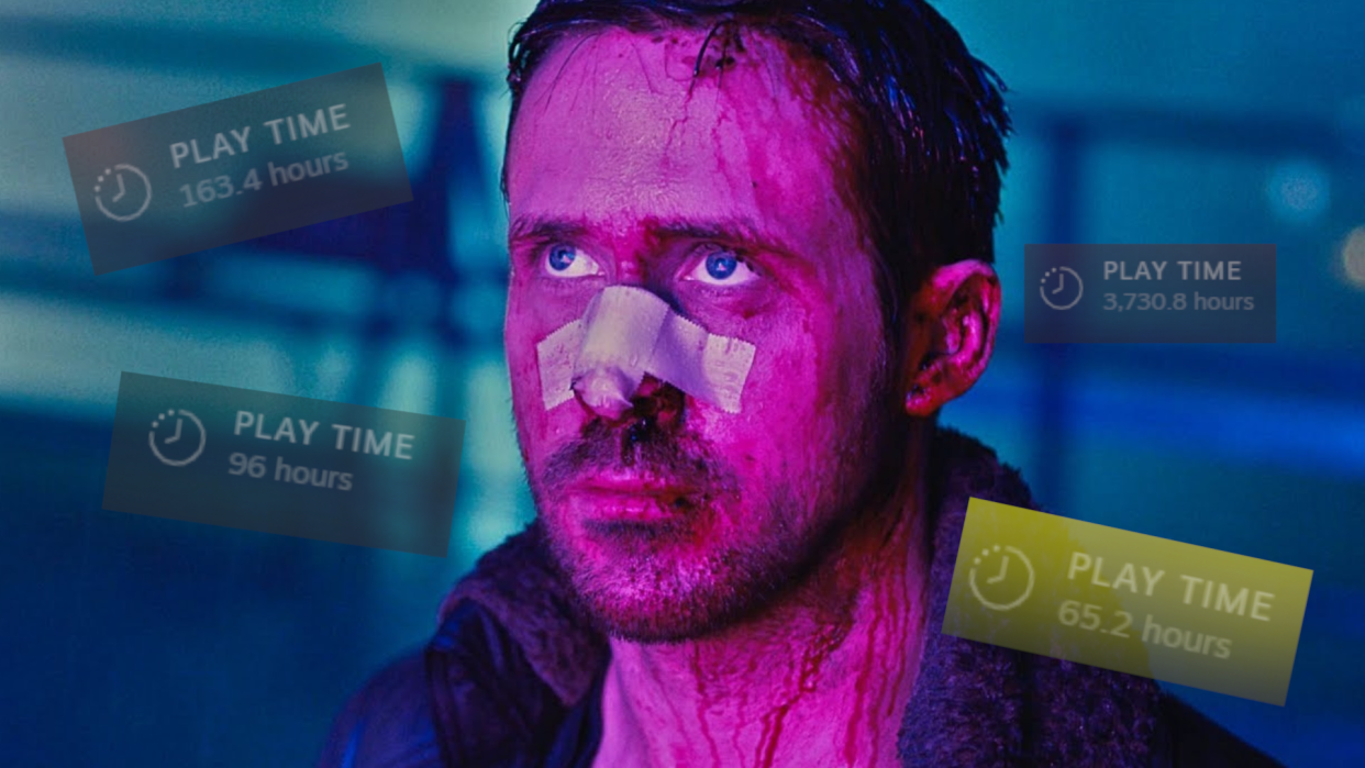  Ryan Gosling from Blade Runner 2049 lit up by purple light with several floating play time markers haunting him, like ghosts of the past. 