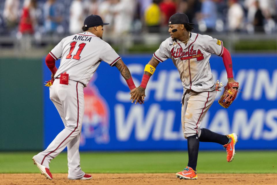 Atlanta Braves right fielder Ronald Acuna Jr. (right) and shortstop Orlando Arcia both were selected starters for the National League in the 2023 MLB All-Star Game in Seattle.