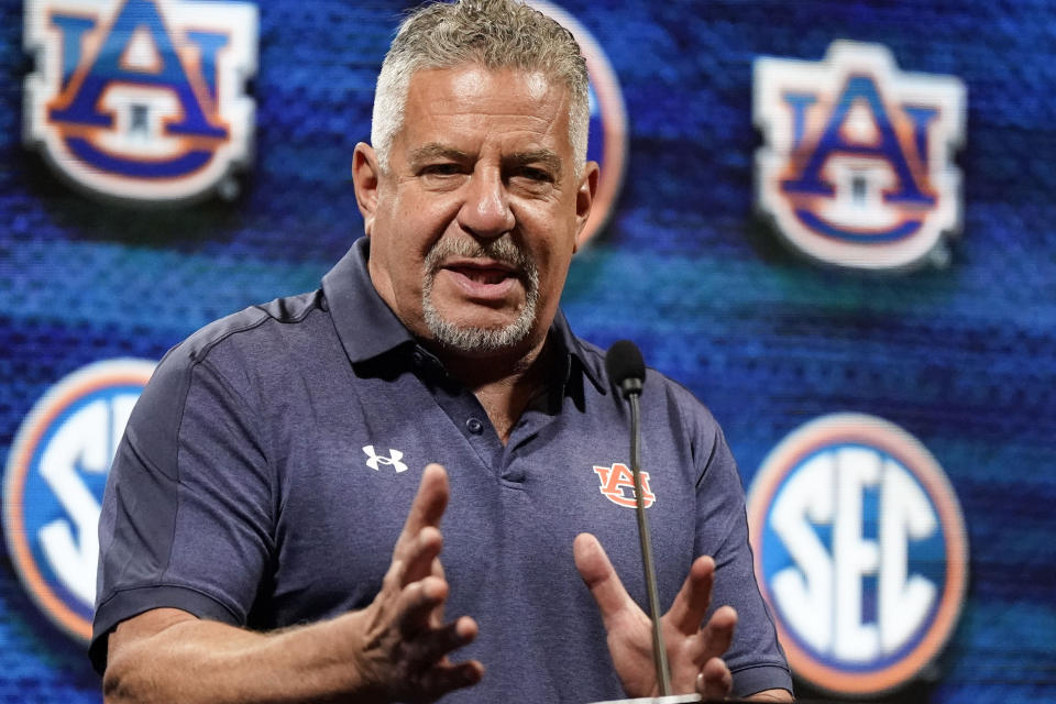 Auburn NCAA college basketball head coach Bruce Pearl speaks during Southeastern Conference Media Days, Wednesday, Oct. 18, 2023, in Birmingham, Ala. (AP Photo/Mike Stewart)