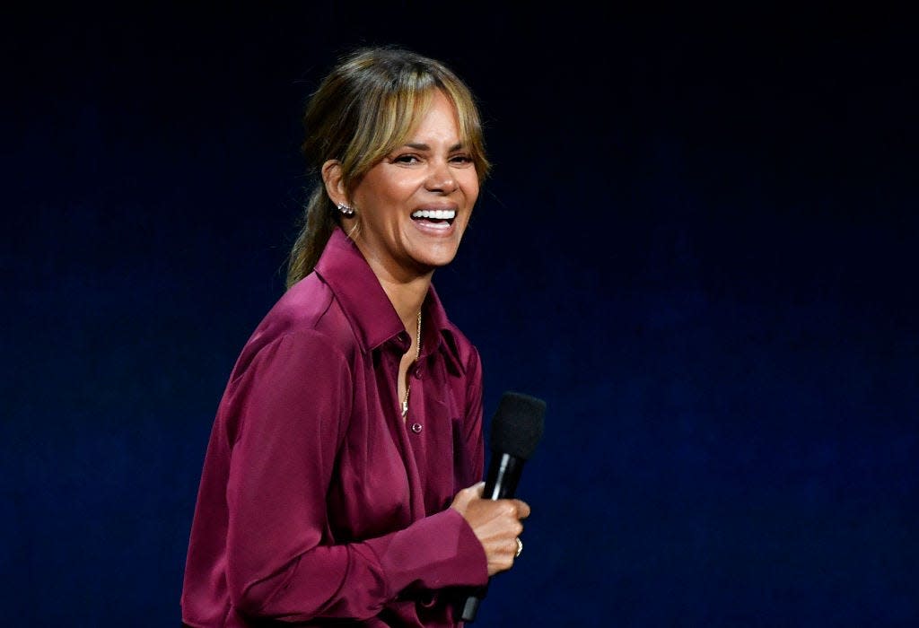 Halle Berry speaks onstage during the Lionsgate presentation at The Colosseum at Caesars Palace during CinemaCon 2024.