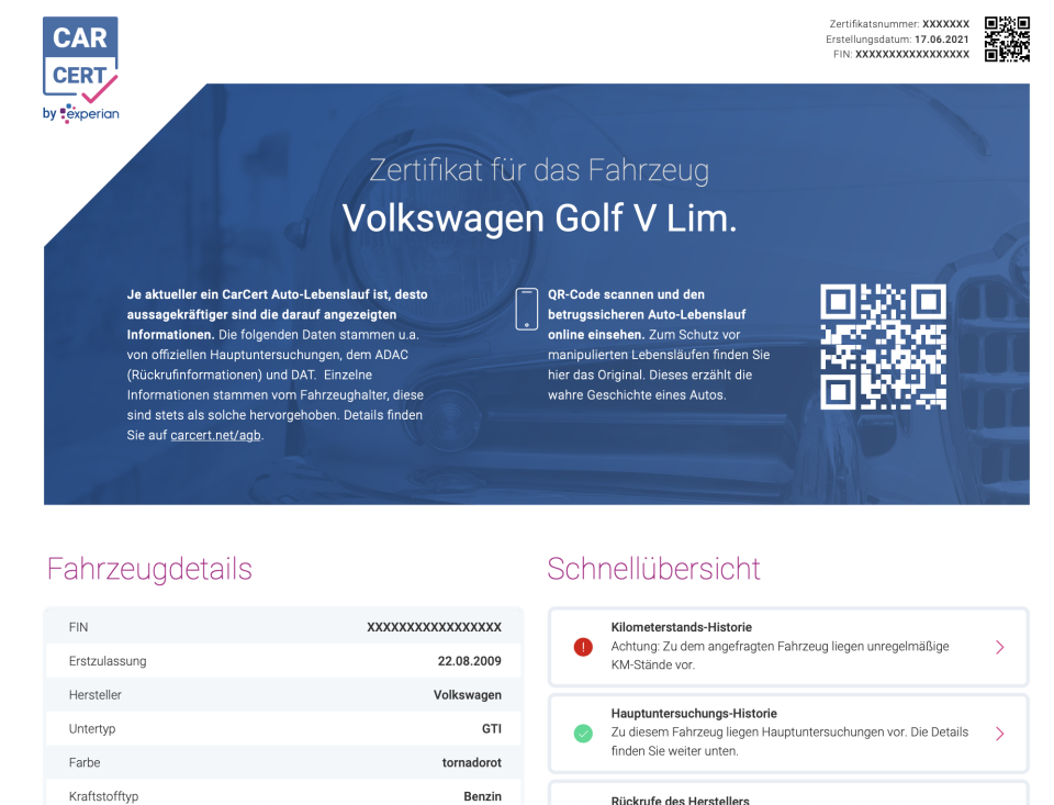 Muster für ein Zertifikat von Carcert für einen VW Golf. 