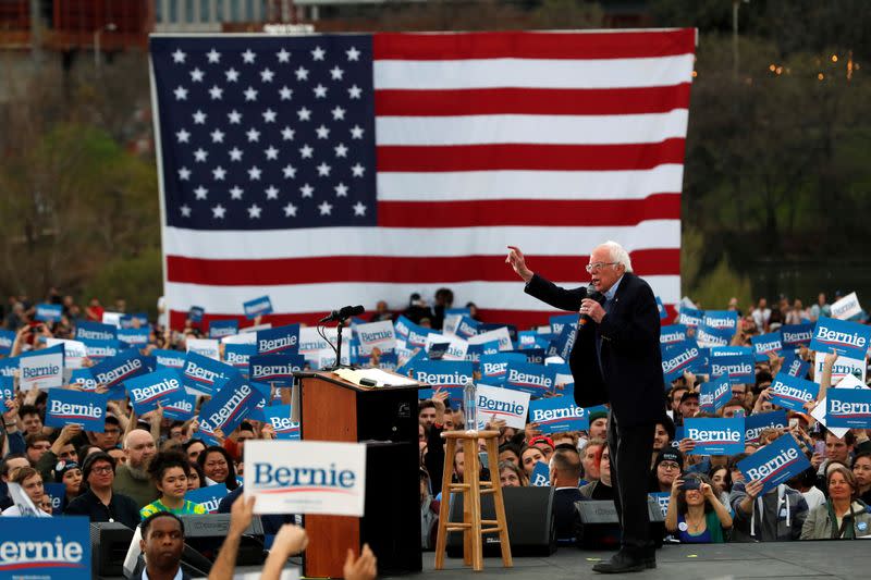 Democratic U.S. presidential candidate Senator Bernie Sanders speaks an outdoor campaign rally in Austin