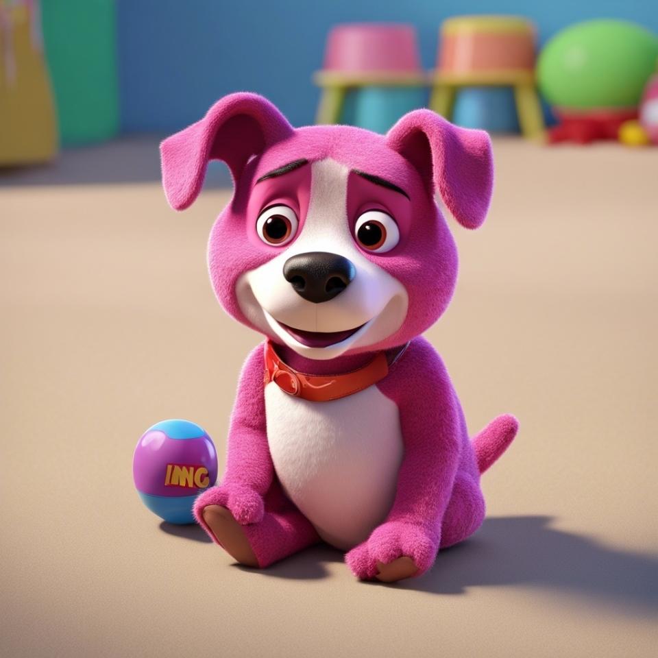 3d AI-generated image of Lotso from "Toy Story" in dog form, sitting next to a ball