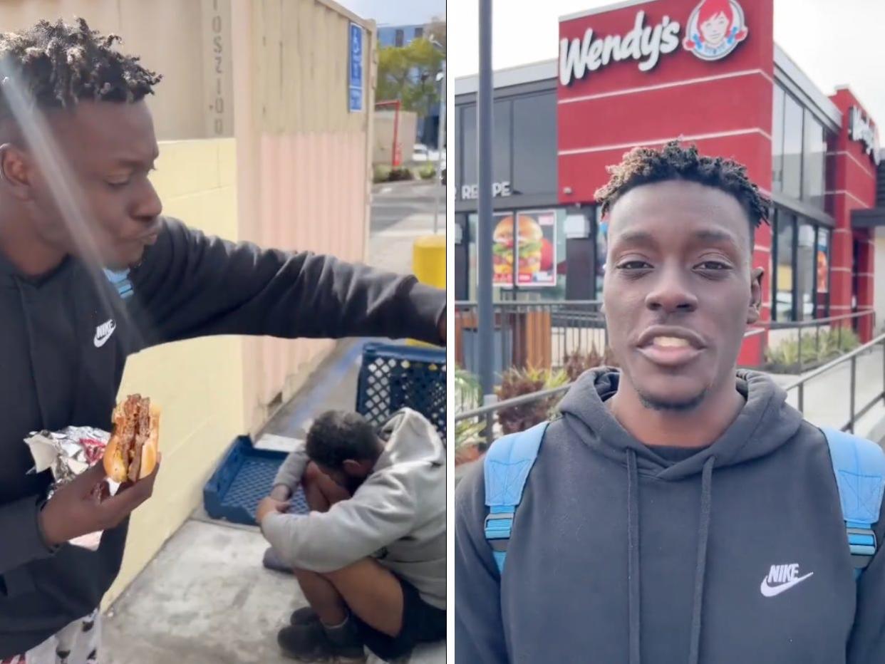 A composite image of screenshots from the YouTube video, including a picture of Trevon Sellers eating a burger while standing next to a man hunched on the floor and another image of Sellers speaking into his camera while standing in front of a Wendy's.