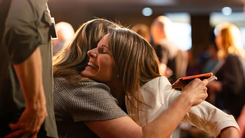 Natalie Cline hugs a supporter during the breakout session to vote for the State School Board District 9 nominees at the Salt Lake County Republican Party 2024 Nominating Convention at Cottonwood High School in Murray on Saturday, April 13, 2024. The race is between Natalie Cline and Amanda Bollinger.