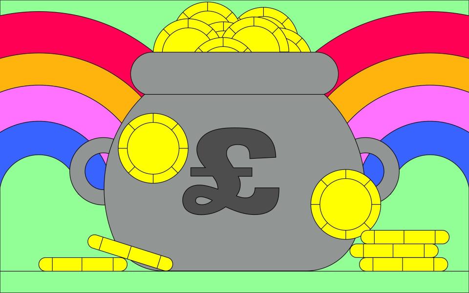 Money in a pot with a rainbow (illustration)