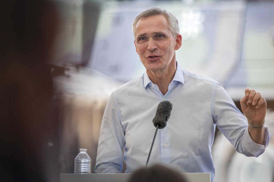 NATO Secretary General Jens Stoltenberg speaks during a press conference at Exercise Griffin Storm 2023 after visiting the Training Range in Pabrade, some 60km.(38 miles) north of the capital Vilnius, Lithuania, Monday, June 26, 2023. (AP Photo/Mindaugas Kulbis)