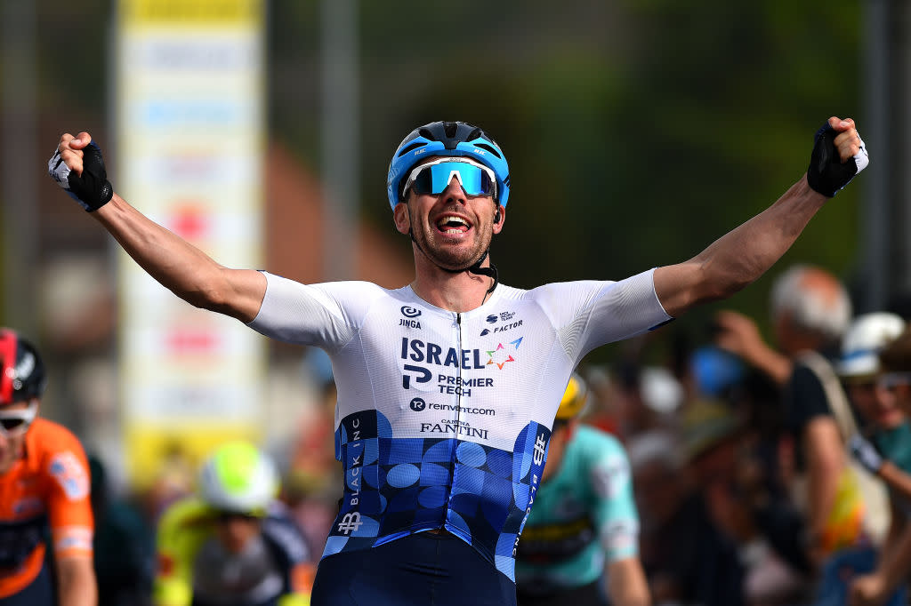  VALBROYE SWITZERLAND  APRIL 29 Patrick Bevin of New Zealand and Team Israel  Premier Tech celebrates at finish line as stage winner during the 75th Tour De Romandie 2022  Stage 3 a 1651km stage from Valbroye to Valbroye  TDR2022 on April 29 2022 in Valbroyeon Switzerland Photo by Dario BelingheriGetty Images 