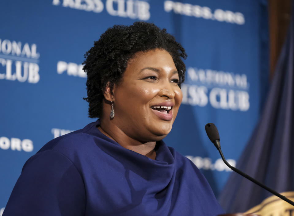 In this Nov. 15, 2019, photo, former Georgia House Democratic Leader Stacey Abrams, speaks at the National Press Club in Washington. Growth and urbanization has made Georgia’s population younger, less native to the state and less white. That, combined with President Donald Trump’s struggles among previously GOP-leaning white college graduates, has put Georgia on the cusp of presidential battleground status. The question is how close. (AP Photo/Michael A. McCoy)