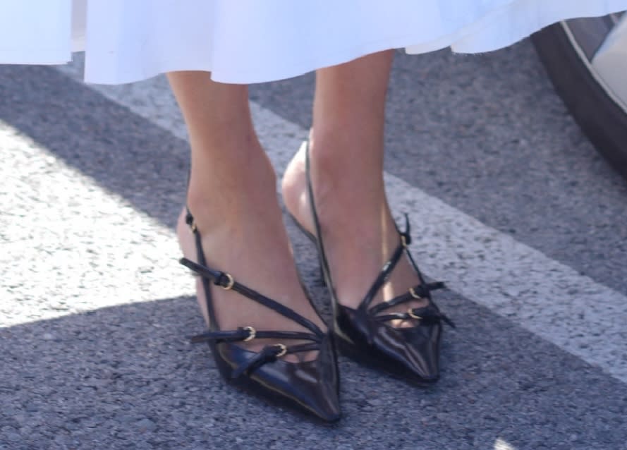 A closer look at the Miu Miu Leather Slingback pumps worn by Nicky Hilton at an event from the brand in Cannes, France