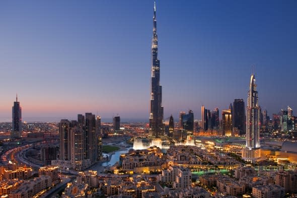 CXWXGM A skyline of Downtown Dubai with Burj Khalifa and Dubai Fountain  Dubai; skyline; dusk; Downtown; Burj; Khalifa; UAE; big