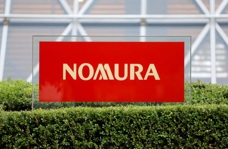 FILE PHOTO: Logo of Nomura Securities is pictured at the company's Otemachi Head Office in Tokyo