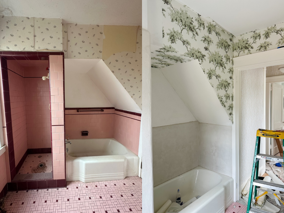 A side by side image showing a bathroom with pink tiling and the same space under construction to cover up the pink tiling with neutral colors.