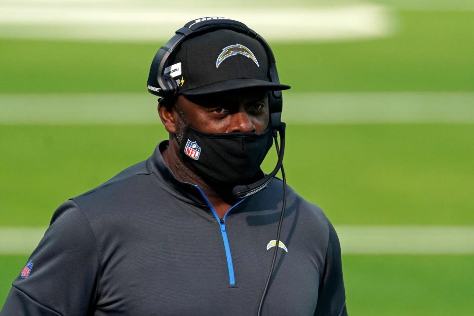 Los Angeles Chargers head coach Anthony Lynn looks on during the game against the Denver Broncos, Dec. 27, 2020 in Inglewood, Calif.