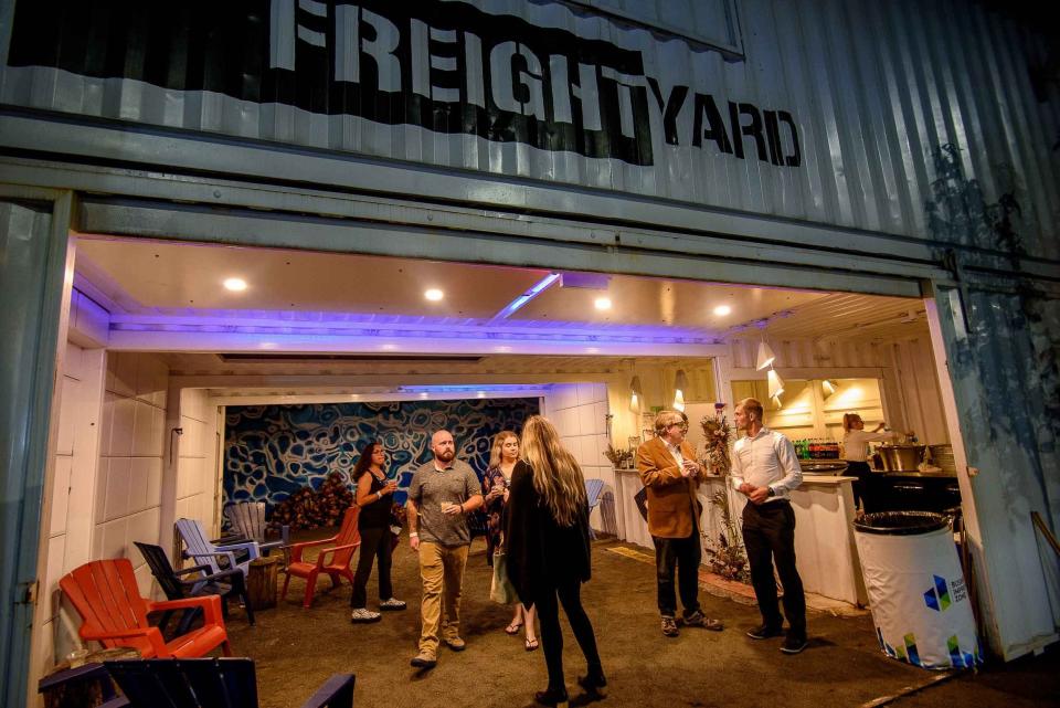 The Dequindre Cut Freight Yard, an outdoor bar and gathering space built from nine repurposed shipping containers on the Dequindre Cut Greenway,