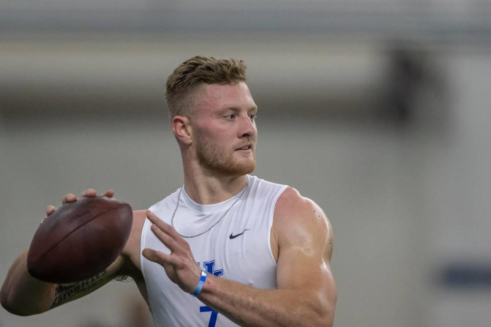 Will Levis participates in Kentucky’s 2023 pro day for NFL scouts at Nutter Field House last month. The UK quarterback was among the players invited to Kansas City for the NFL Draft April 27-29.