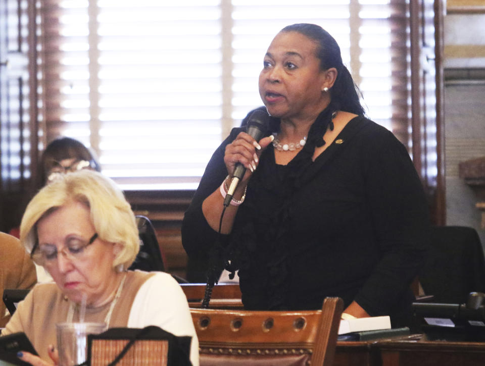 Sen. Oletha Faust-Goudeau, D-Wichita. Speaking about her vote to expand KanCare, the state's Medicaid program Tuesday, March, 28, 2017, said, "This bill would help them and their families. It has been mentioned by expanding KanCare it will create jobs and lower health costs. Well, Mr. Vice President, I also believe that this legislation will prevent unnecessary deaths and save lives, and furthermore, I still believe that whatever the cost, we should put people first before profit." (Thad Allton/The Topeka Capital-Journal via AP)