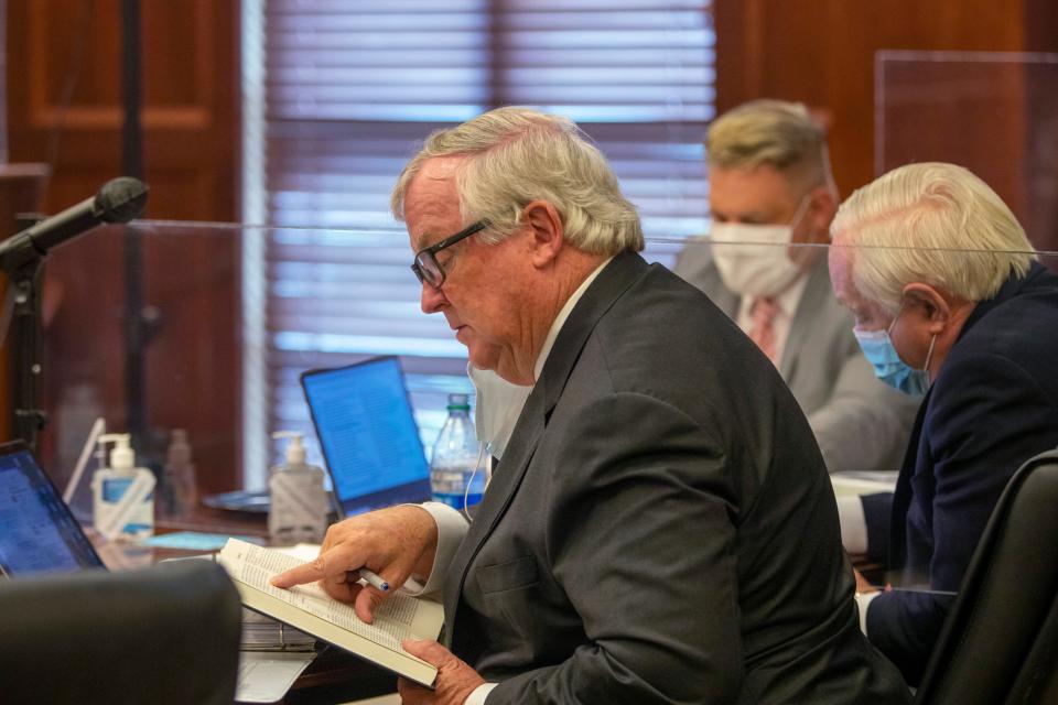 Attorney Robert Cheeley reads through Georgia law during a hearing on the motion to dismiss the case of the review of Fulton County elections ballots at the Henry County Courthouse in McDonough, Ga., Monday, June 21, 2021.