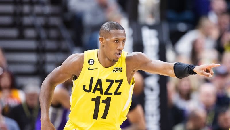 Utah Jazz guard Kris Dunn (11) reacts during an NBA game against the Sacramento Kings at Vivint Arena in Salt Lake City on March 20, 2023.