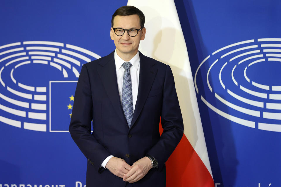 Poland's Prime Minister Mateusz Morawiecki poses before delivering his speech Tuesday, Oct. 19, 2021 at the European Parliament in Strasbourg, eastern France. The European Union's top official locked horns Tuesday with Poland's prime minister, arguing that a recent ruling from the country's constitutional court challenging the supremacy of EU laws is a threat to the bloc's foundations and won't be left unanswered. (Ronald Wittek, Pool Photo via AP)