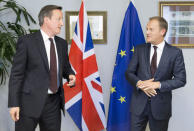 British Prime Minister David Cameron (L) is seen during a meeting with European Council President Donald Tusk in Brussels, Belgium, in this June 25, 2015 file photo. REUTERS/Julien Warnand/Pool/Files