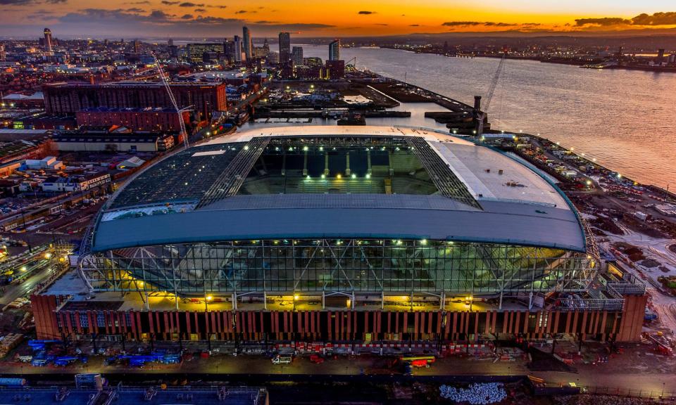 <span>An aerial view of Everton's new stadium being constructed at Bramley Moore Dock.</span><span>Photograph: Peter Byrne/PA</span>