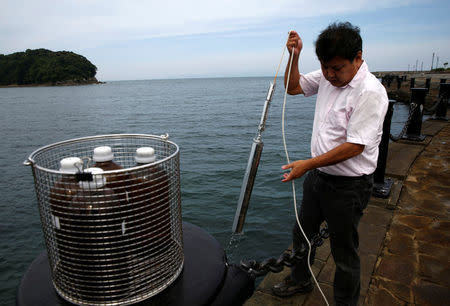 An engineer from the National Institute for Minamata Disease collects samples of seawater from Minamata Bay to test for mercury content in Eco Park, an area once polluted by mercury-containing wastewater and later turned into a massive landfill, in Minamata, Kumamoto Prefecture, Japan, September 13, 2017. REUTERS/Kim Kyung-Hoon