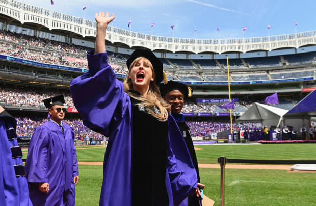 <p> Taylor Swift waves at graduating students during <a href="https://parade.com/1384803/jessicasager/taylor-swift-new-york-university-commencement-speech-full/" rel="nofollow noopener" target="_blank" data-ylk="slk:New York University's commencement ceremony;elm:context_link;itc:0;sec:content-canvas" class="link ">New York University's commencement ceremony</a> at Yankee Stadium on May 18, 2022. She dropped a <em><strong>Midnights</strong> </em>lyric during her speech when she said, "Breathe in, breathe through, breathe deep, breathe out."</p><p>ANGELA WEISS/AFP via Getty Images</p>