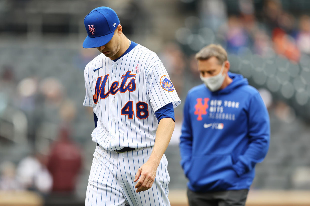 NEW YORK, NEW YORK - MAY 09: Jacob deGrom #48 of the New York Mets walks back to the dugout after being removed from the game in the sixth inning against the Arizona Diamondbacks at Citi Field on May 09, 2021 in New York City. (Photo by Mike Stobe/Getty Images)