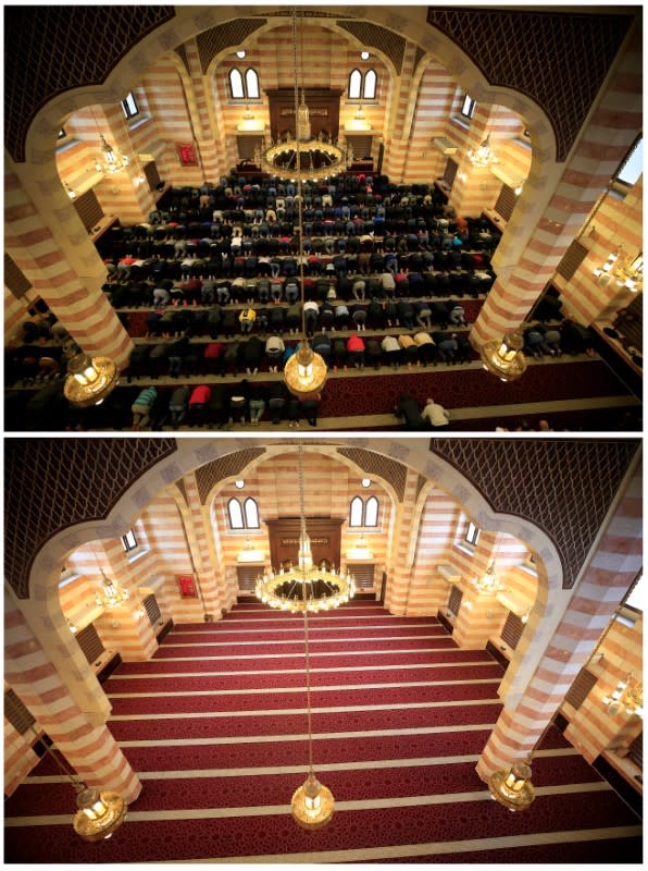 Combination picture of Friday prayers at a mosque in Sidon