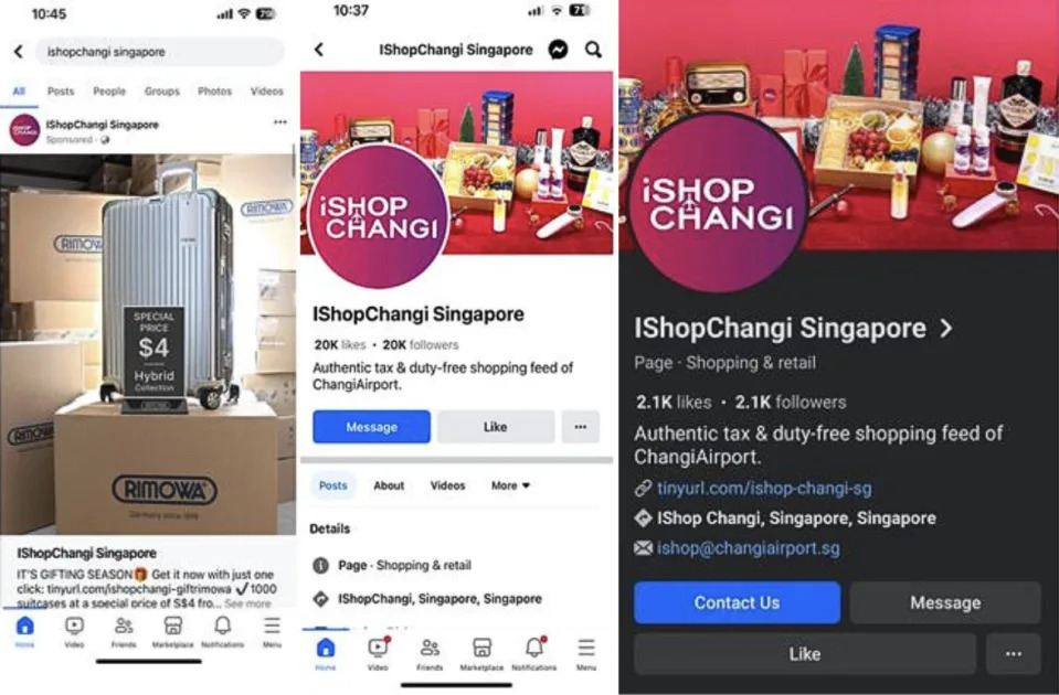 Screenshots of fake Facebook advertisements and pages impersonating iShopChangi (Photos: Singapore Police Force)