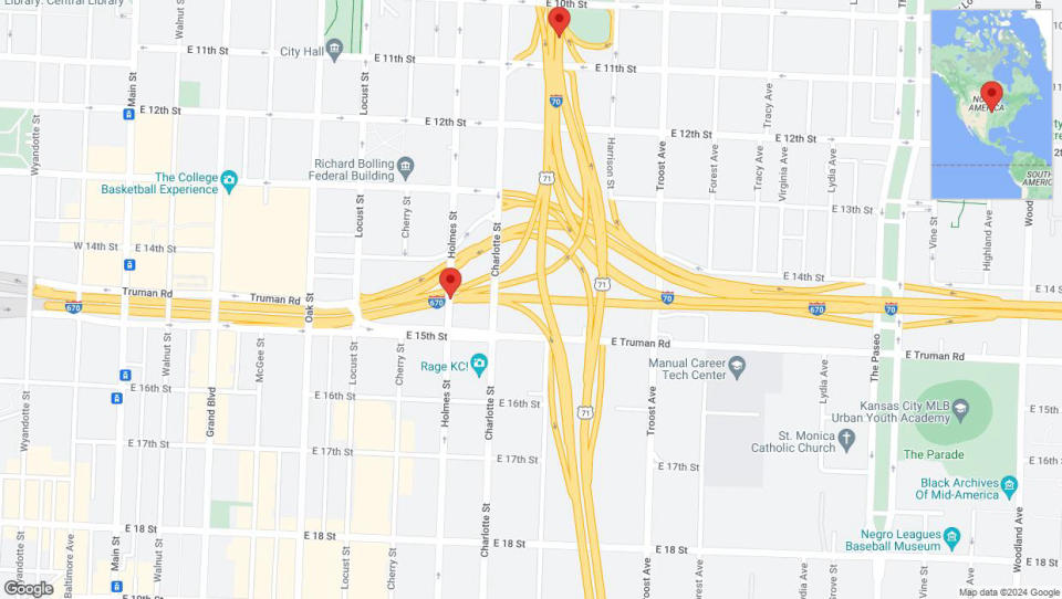 A detailed map that shows the affected road due to 'US-71 North temporarily closed in Kansas City' on July 16th at 12:03 a.m.