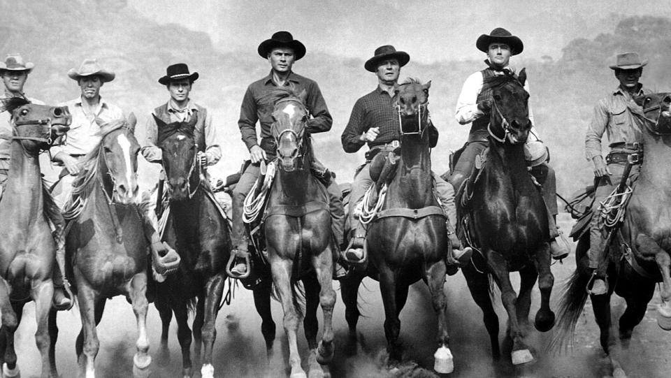 McQueen, Coburn, Buchholtz, Brynner, Dexter, Vaughn, Bronson in THE MAGNIFICENT SEVEN, 1960.