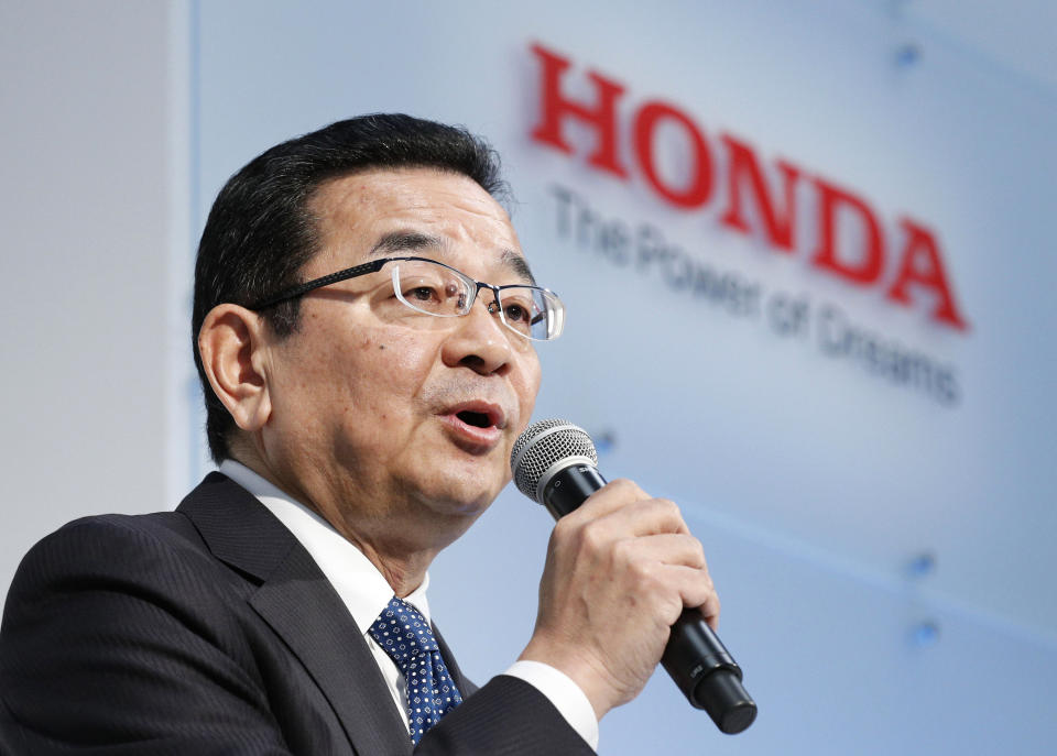 Honda's President and CEO Takahiro Hachigo speaks during a press conference in Tokyo Tuesday, Feb. 19, 2019. Honda Motor Co. plans to close its car factory in western England in 2021, the company said Tuesday, in a fresh blow to the British economy as it faces its March 29 exit from the European Union. (Yuya Shino/Kyodo News via AP)