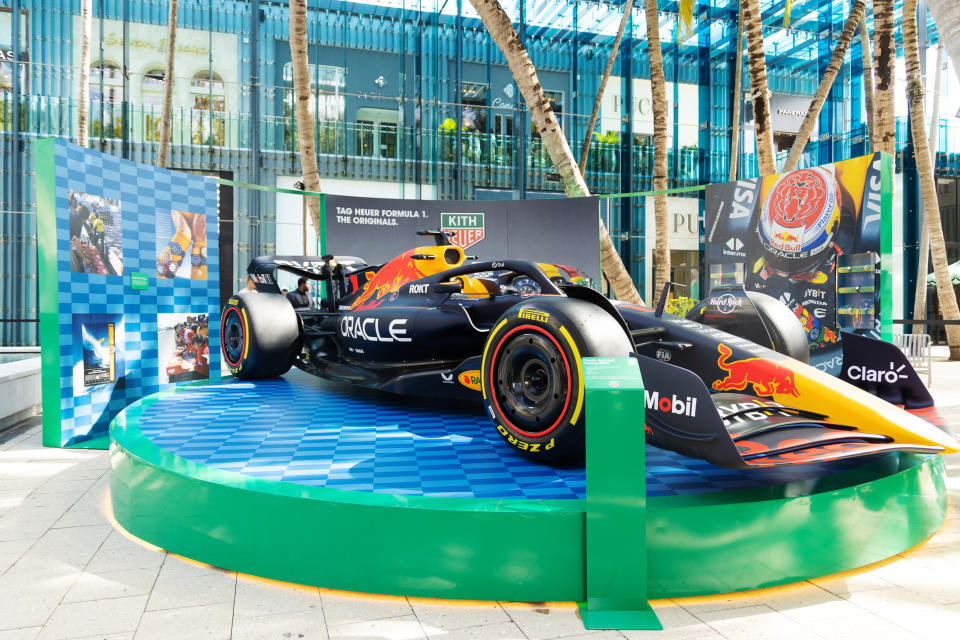 MIAMI, FLORIDA - MAY 02: A view of the Red Bull Formula 1 car at TAG Heuer Miami Design Boutique on May 02, 2024 in Miami, Florida.  (Photo by John Parra/Getty Images for TAG Heuer )