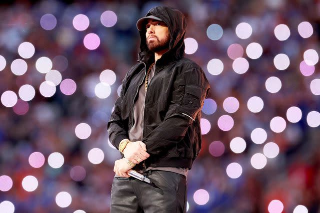 <p>Kevin C. Cox/Getty</p> Eminem performs during the Pepsi Super Bowl LVI Halftime Show at SoFi Stadium on February 13, 2022 in Inglewood, California