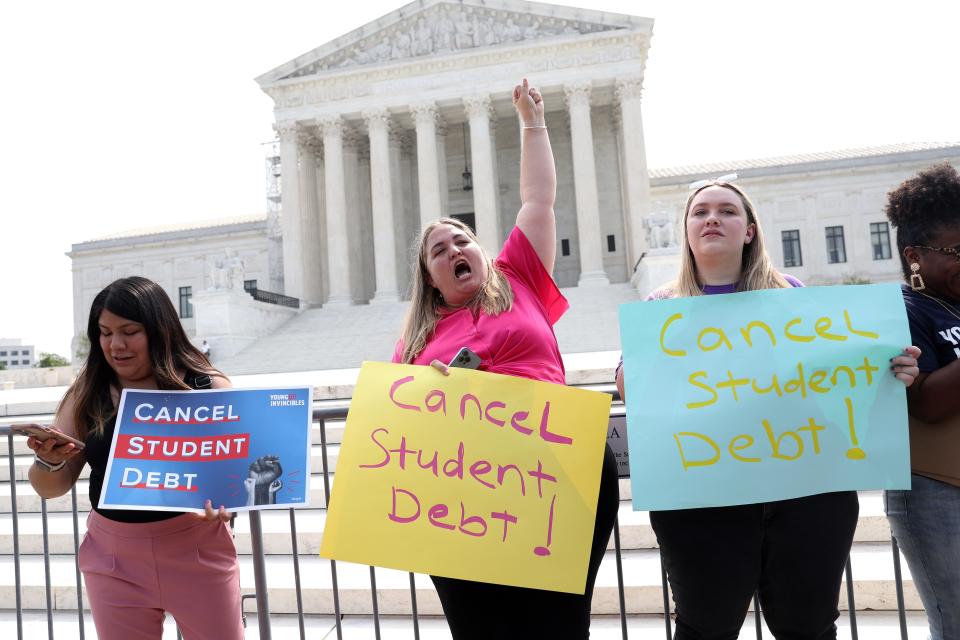 WASHINGTON, DC - JUNE 30: Student debt relief activist rally in front of the U.S. Supreme Court on June 30, 2023 in Washington, DC. The Supreme Court stuck down the Biden administrationâ€™s student debt forgiveness program in Biden v. Nebraska. (Photo by Kevin Dietsch/Getty Images)