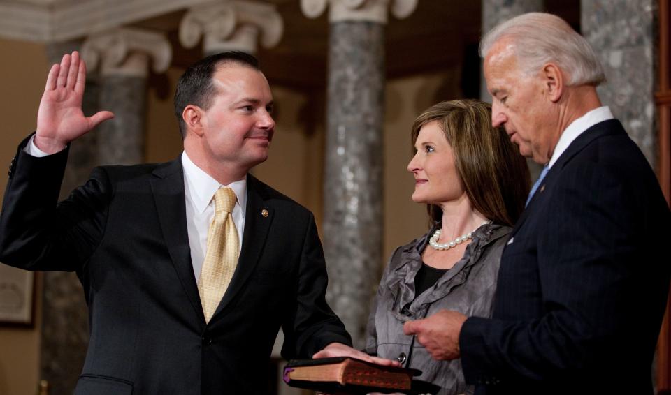 Sen. Mike Lee (R-Utah), shown here in a reenactment of his swearing-in ceremony, said that an expanded tax credit would "alleviate child poverty and continue to lower the parent tax penalty.&rdquo; (Photo: Brooks Kraft LLC/Corbis via Getty Images)