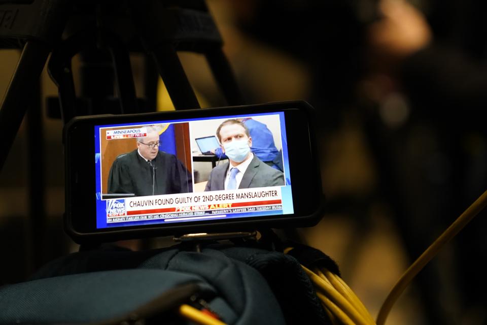 A video screen is seen as the jury afirms a guilty verdict is announced at the trial of former Minneapolis police officer Derek Chauvin for the 2020 death of George Floyd, Tuesday, April 20, 2021, in Minneapolis, Minn. (AP Photo/John Minchillo)