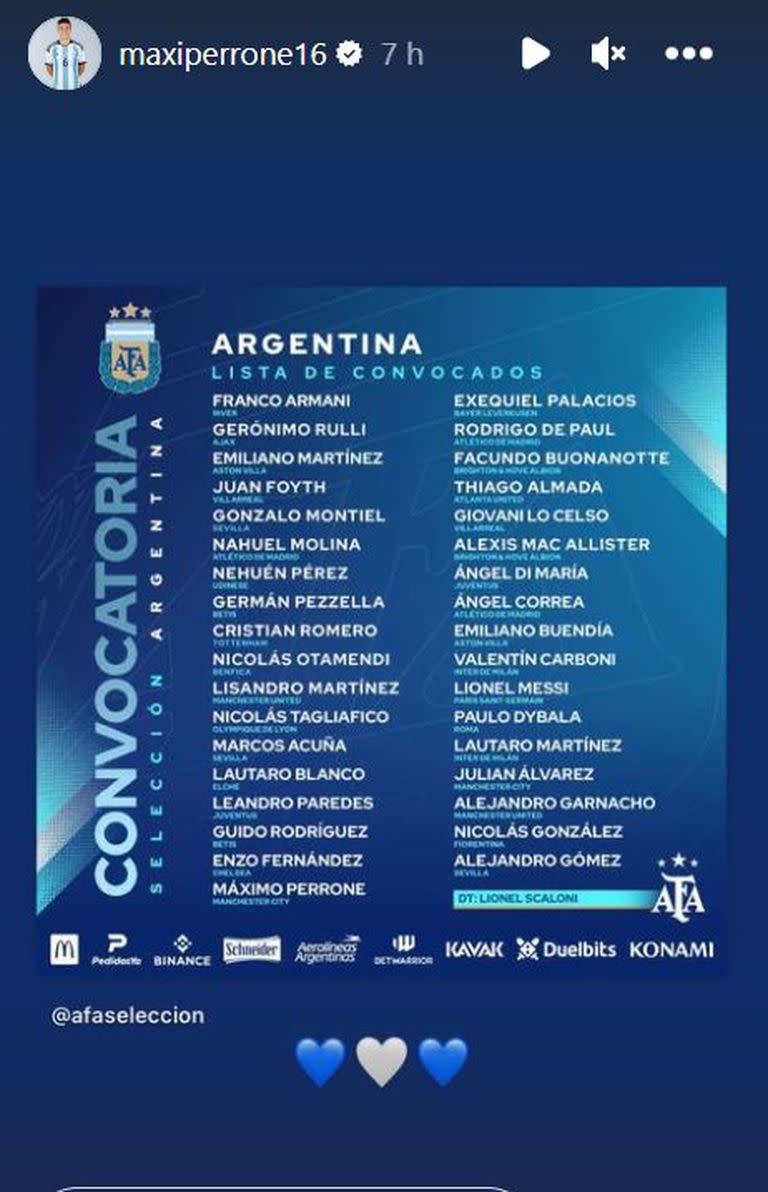 Máximo Perrone celebró su convocatoria a la selección argentina