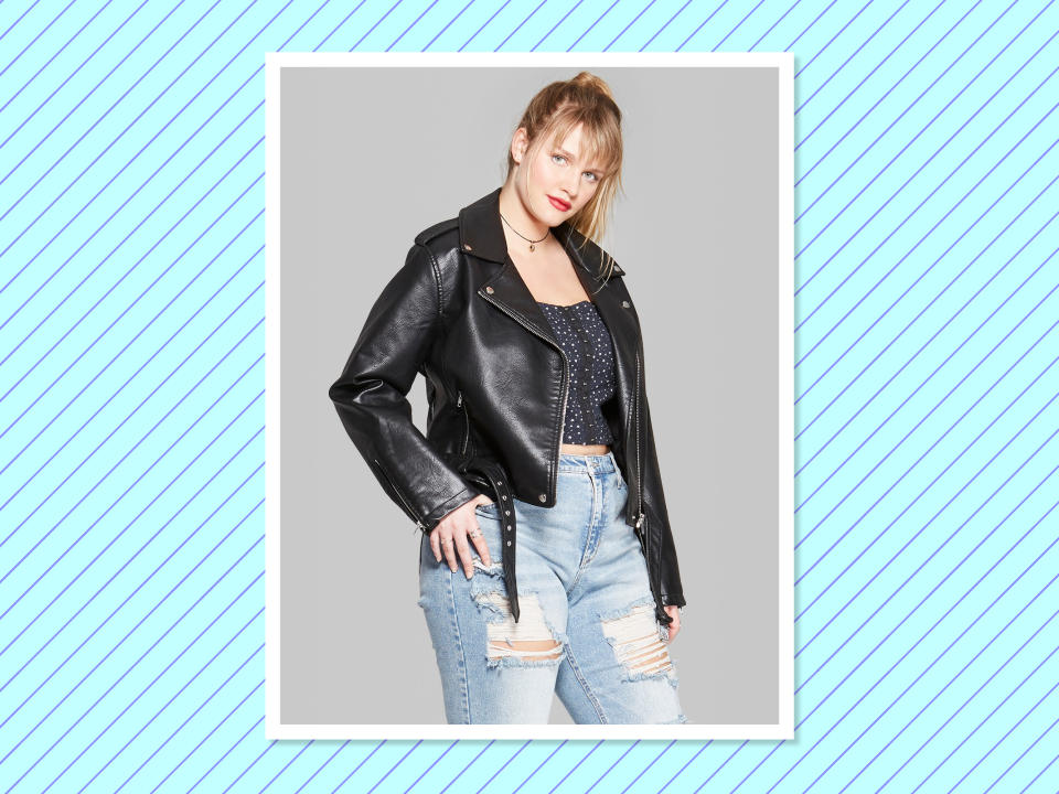 <p>Wild Fable Women’s Plus Size Faux Leather Moto Jacket, $38, <a rel="nofollow noopener" href="https://www.target.com/p/women-s-plus-size-faux-leather-moto-jacket-wild-fable-153/-/A-53563188?preselect=53526002#lnk=sametab" target="_blank" data-ylk="slk:target.com;elm:context_link;itc:0;sec:content-canvas" class="link ">target.com</a><br>(Photo: Courtesy of Target) </p>