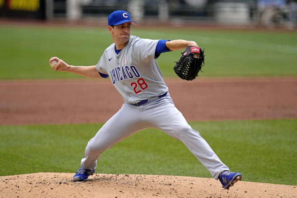 Chicago Cubs starting pitcher Kyle Hendricks delivers during the first inning of a baseball game against the Pittsburgh Pirates in Pittsburgh, Sunday, May 12, 2024. (AP Photo/Gene J. Puskar)