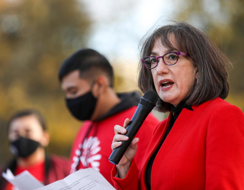 Rep. Andrea Salinas, D-Lake Oswego, speaks at a PCUN rally to kick off a campaign for farmworker overtime, a bill they're introducing again in the short legislative session, on Nov. 16 at the Oregon State Capitol in Salem.