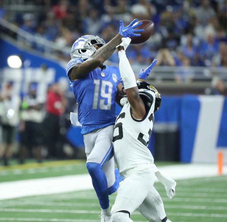 Detroit Lions wide receiver Trinity Benson (19) is defended by Jacksonville Jaguars cornerback Christian Braswell (36) during the first half of a preseason game at Ford Field, Saturday, August 19, 2023.