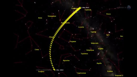This graphic depicts the path of comet Pan-STARRS across the night sky from March to May in 2013.